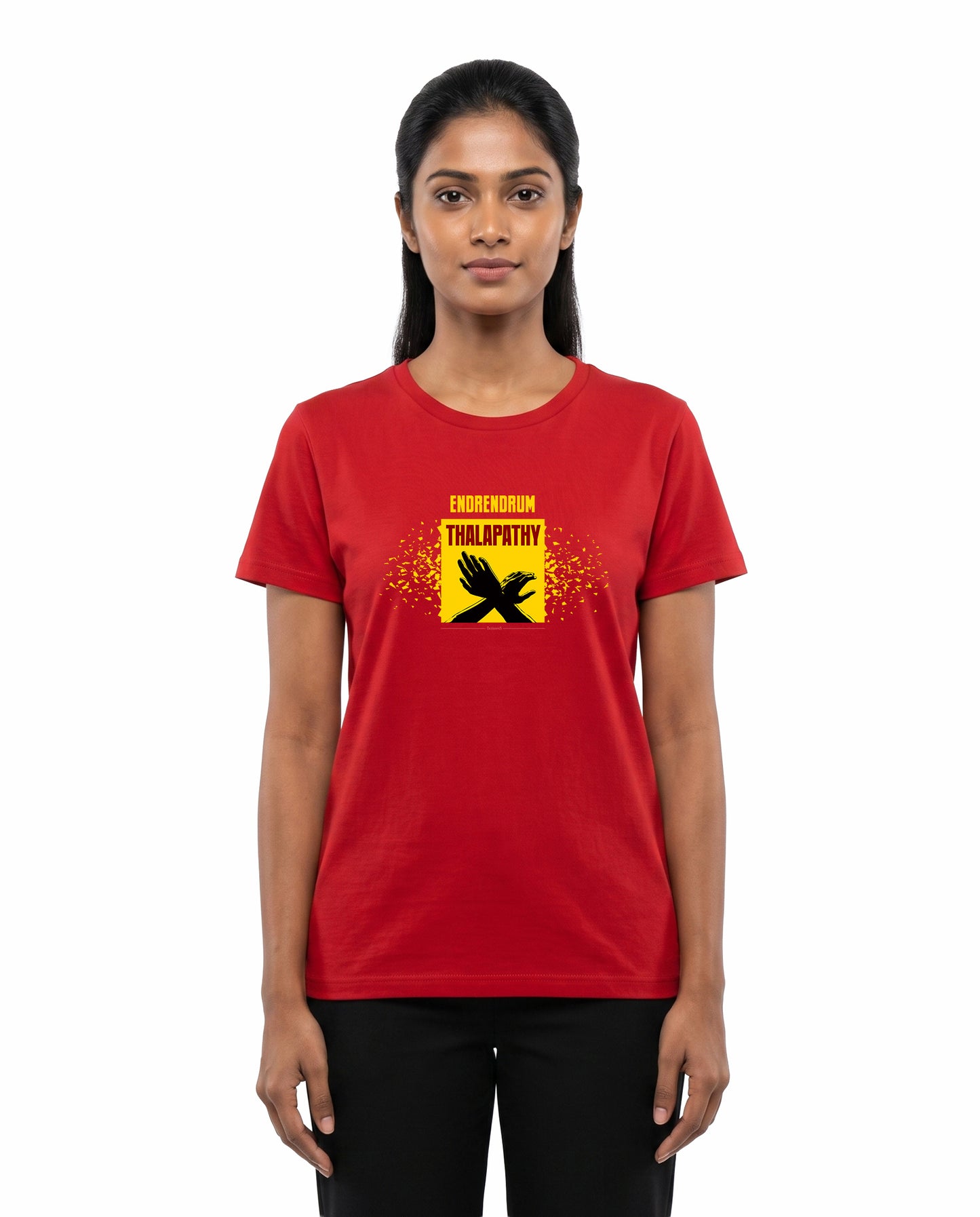 Female model wearing ENDRENDRUM THALAPATHY women's regular-fit t-shirt in red in a studio setting.