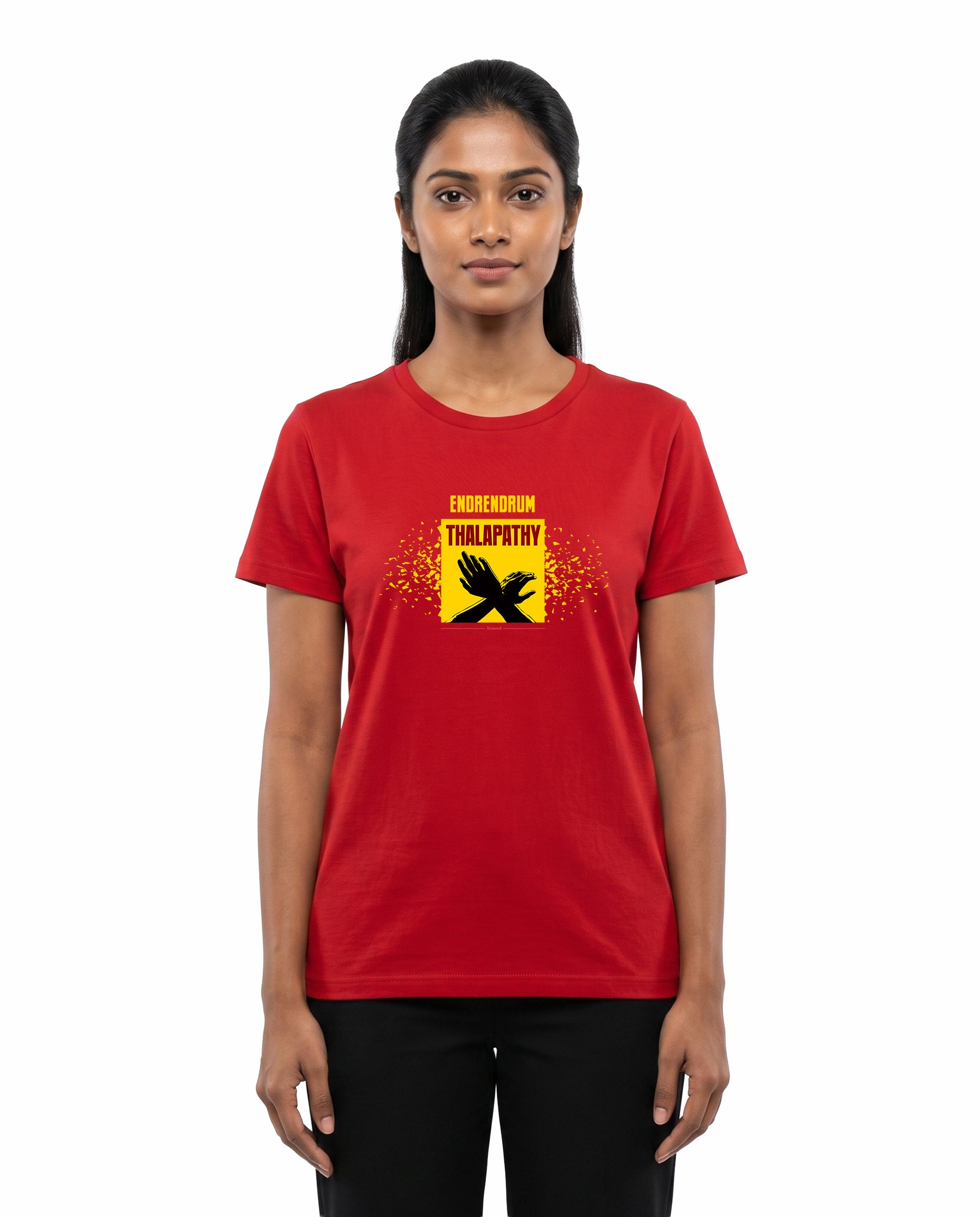 Female model wearing ENDRENDRUM THALAPATHY women's regular-fit t-shirt in red in a studio setting.