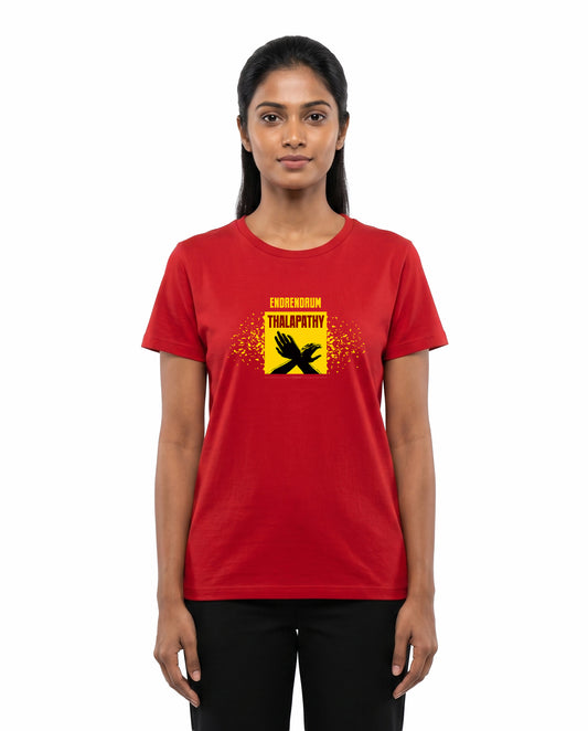 Female model wearing ENDRENDRUM THALAPATHY women's regular-fit t-shirt in red in a studio setting.