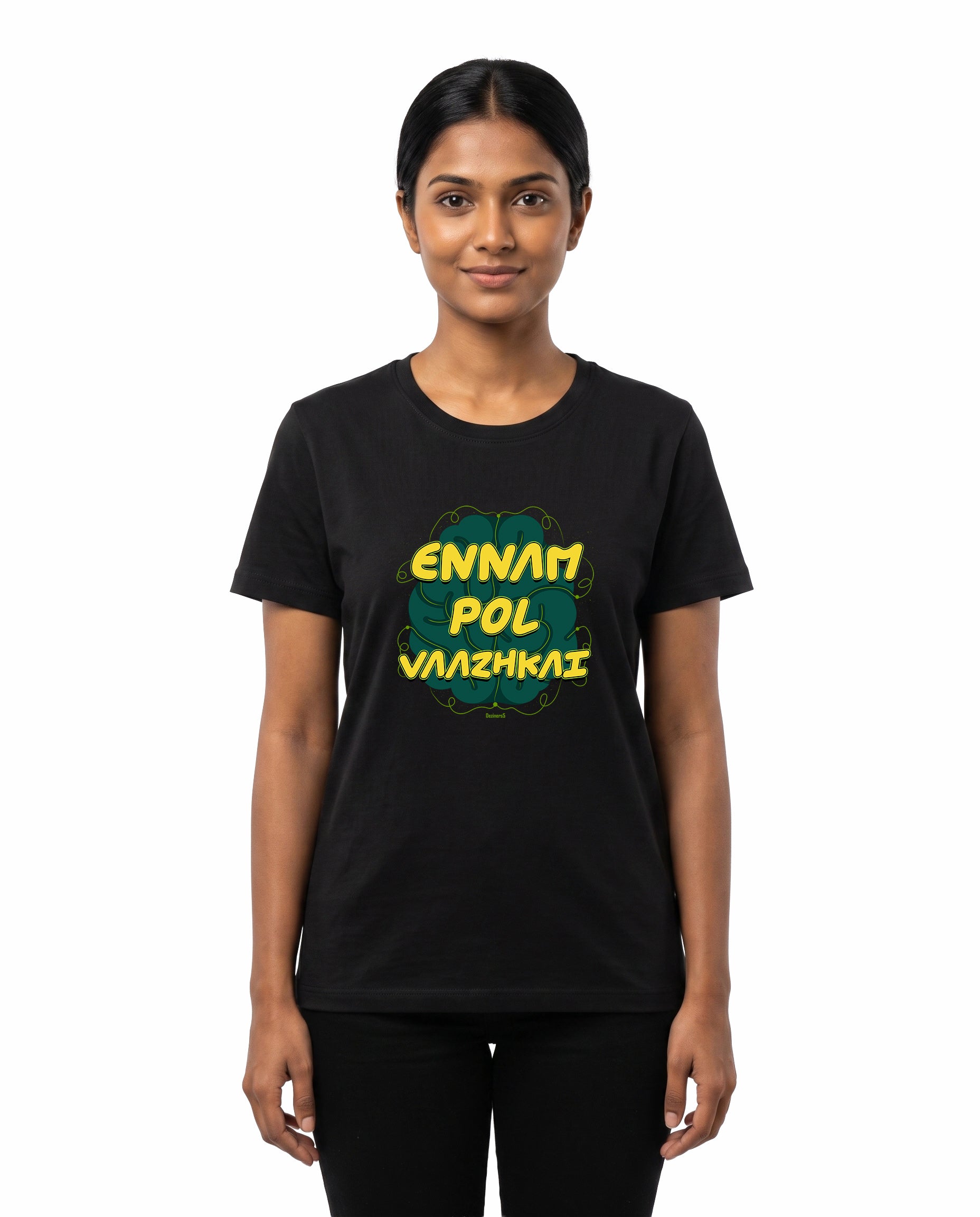 Female model wearing ENNAM POL VAAZHKAI women's regular-fit t-shirt in black in a studio setting.