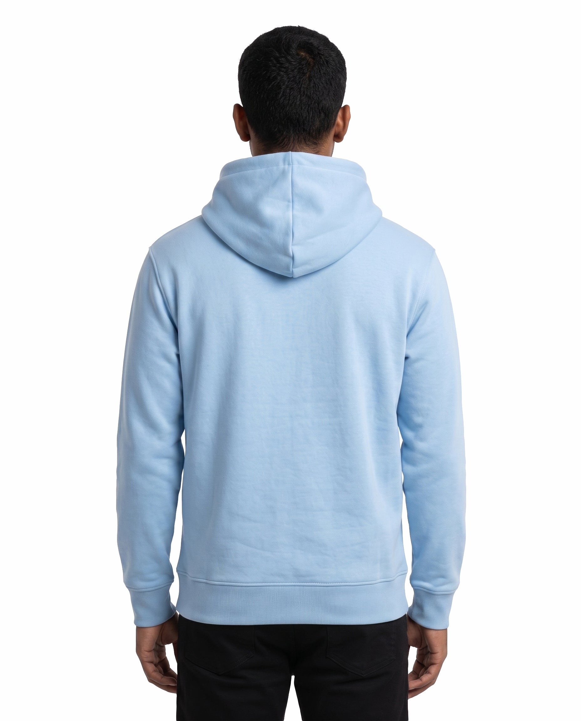 Back view of male model wearing EXPRESS YOURSELF - Unisex Regular Fit Hoodie in baby blue in a studio setting.