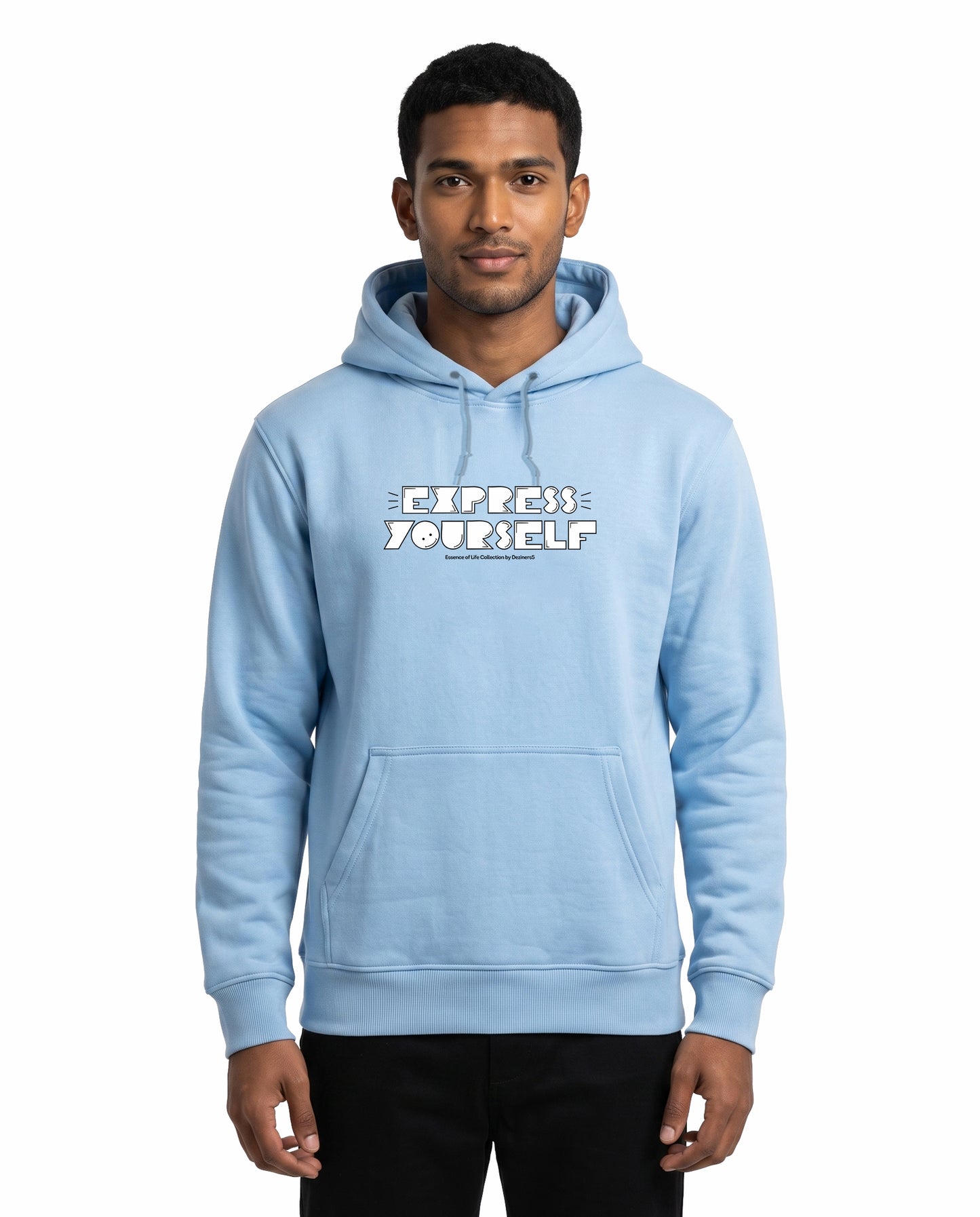 Front view of male model wearing EXPRESS YOURSELF - Unisex Regular Fit Hoodie in baby blue in a studio setting.
