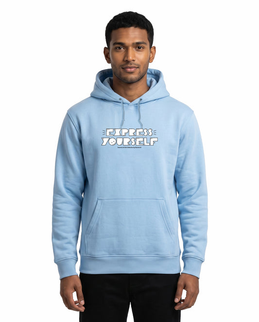 Front view of male model wearing EXPRESS YOURSELF - Unisex Regular Fit Hoodie in baby blue in a studio setting.