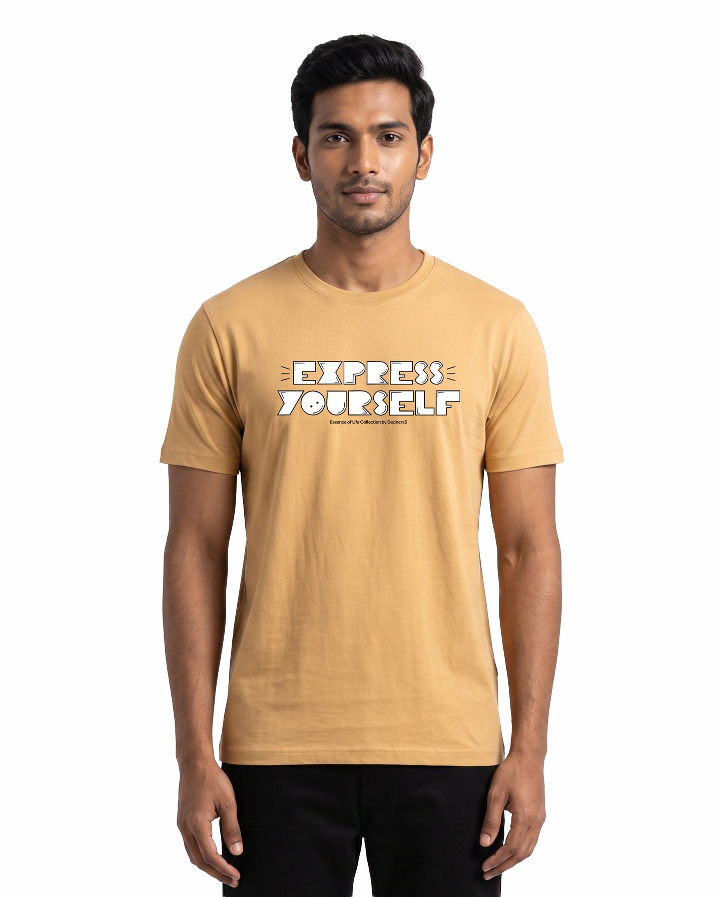 Male model wearing EXPRESS YOURSELF men's regular-fit t-shirt in beige in a studio setting.