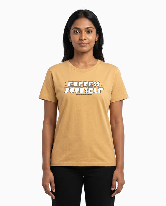 Female model wearing EXPRESS YOURSELF women's regular-fit t-shirt in beige in a studio setting.