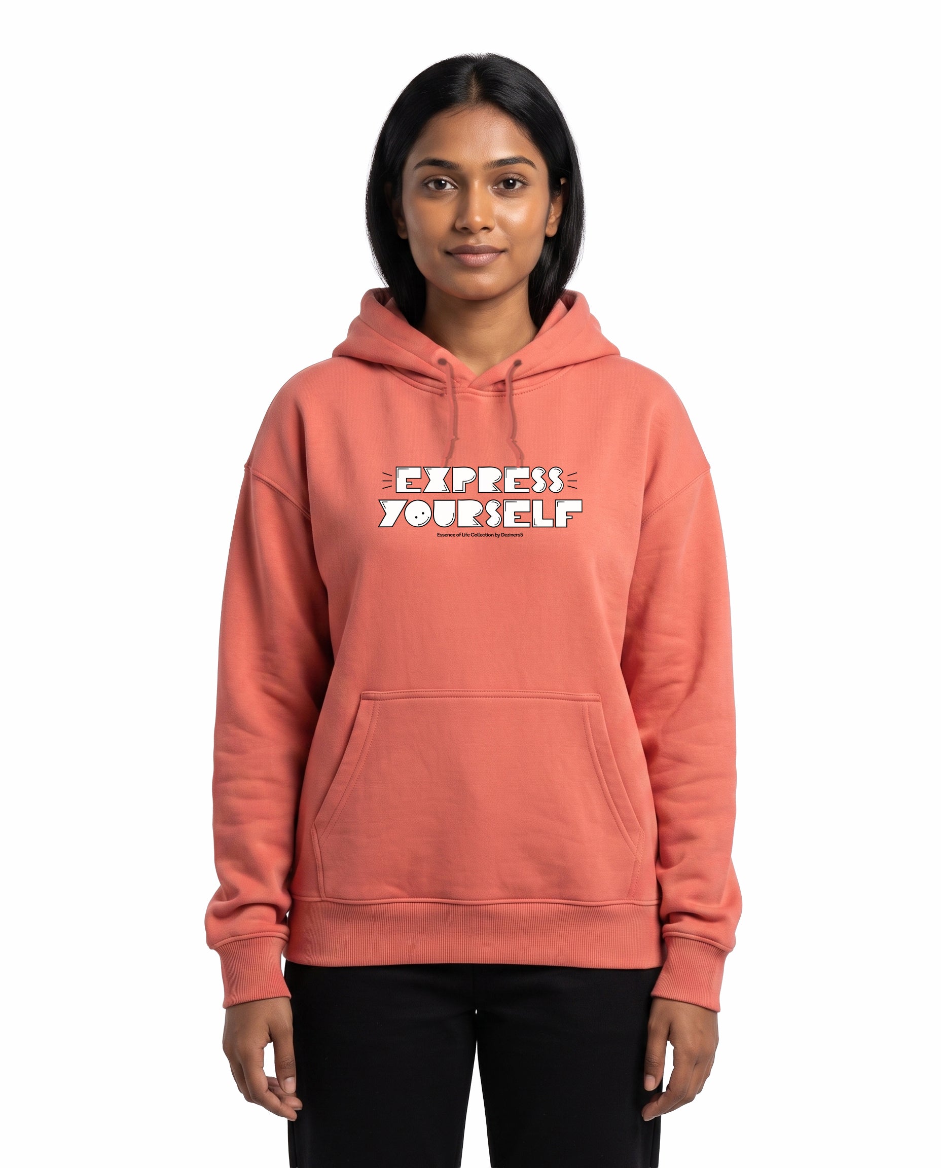 Front view of female model wearing EXPRESS YOURSELF - Unisex Regular Fit Hoodie in coral in a studio setting.