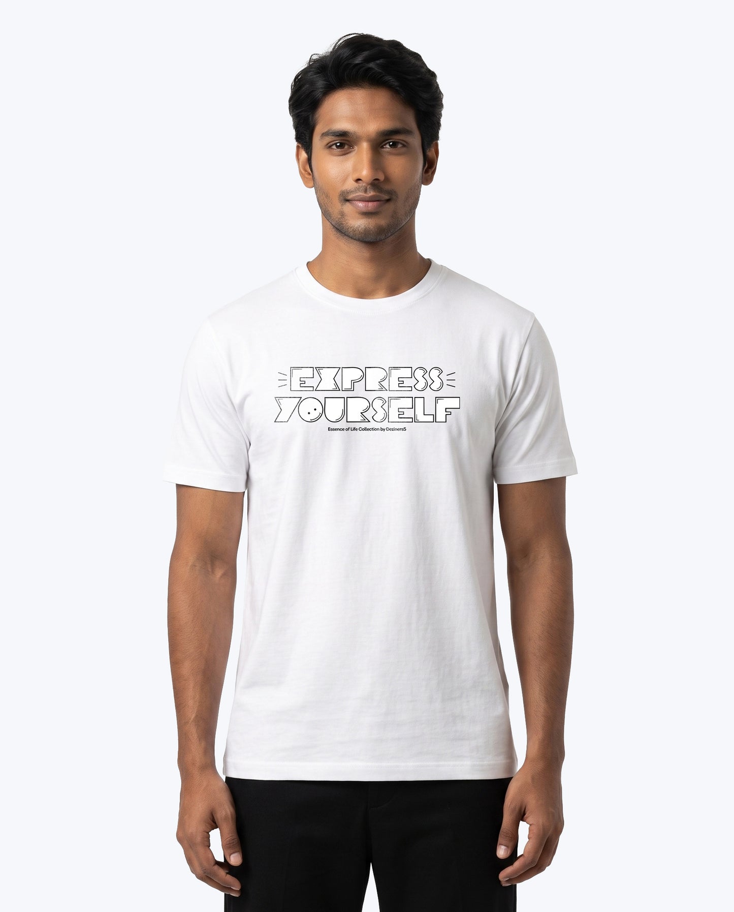 Male model wearing EXPRESS YOURSELF men's regular-fit t-shirt in white in a studio setting.