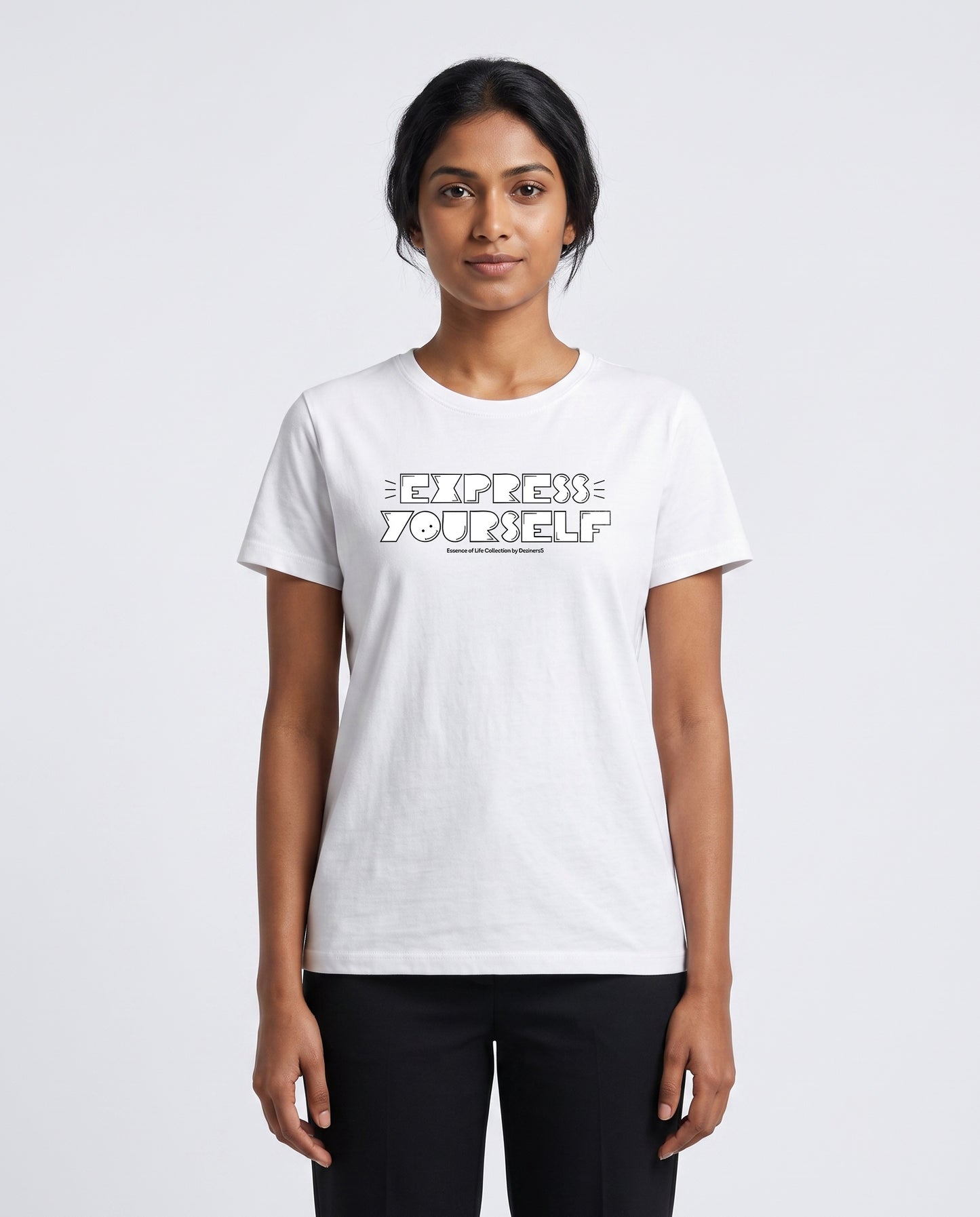 Female model wearing EXPRESS YOURSELF women's regular-fit t-shirt in white in a studio setting.