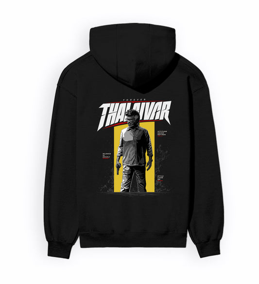 Back view of FOREVER THALAIVAR - Unisex Regular Fit Hoodie in black.