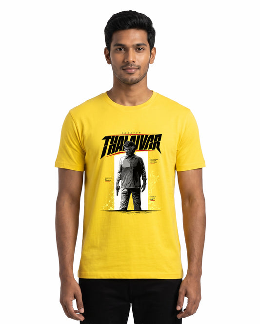 Front view of male model wearing FOREVER THALAIVAR - Men's Regular Fit T-Shirt in new yellow in a studio setting.