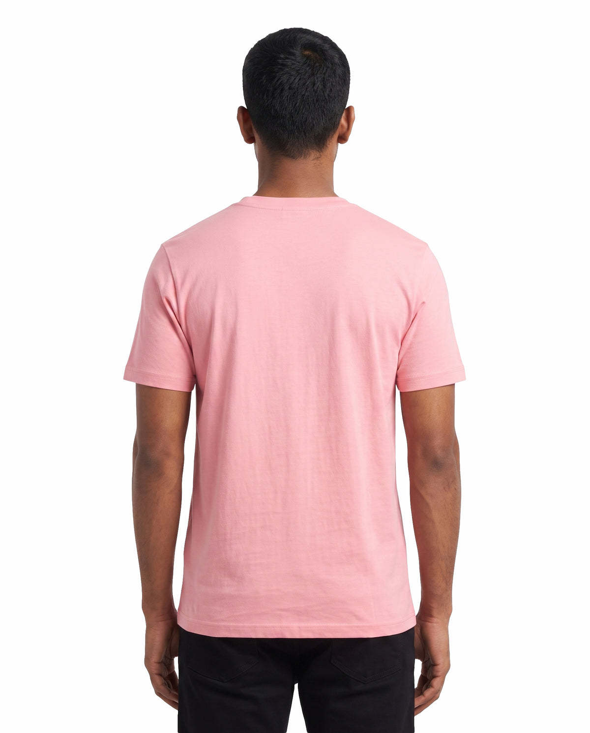 Back view of male model wearing GANESH – Devotional Men's Regular Fit T-Shirt in flamingo in a studio setting.