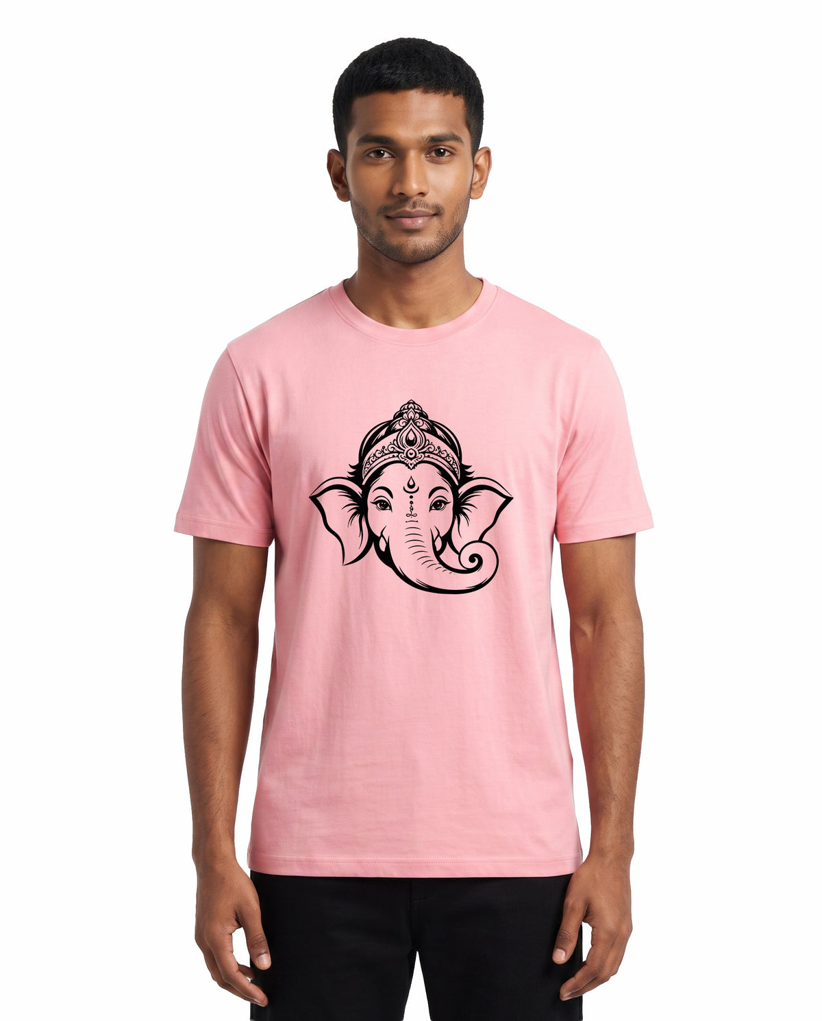 Front view of male model wearing GANESH – Devotional Men's Regular Fit T-Shirt in flamingo in a studio setting.
