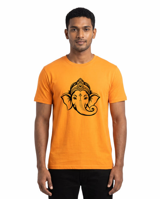 Front view of male model wearing GANESH – Devotional Men's Regular Fit T-Shirt in golden yellow in a studio setting.