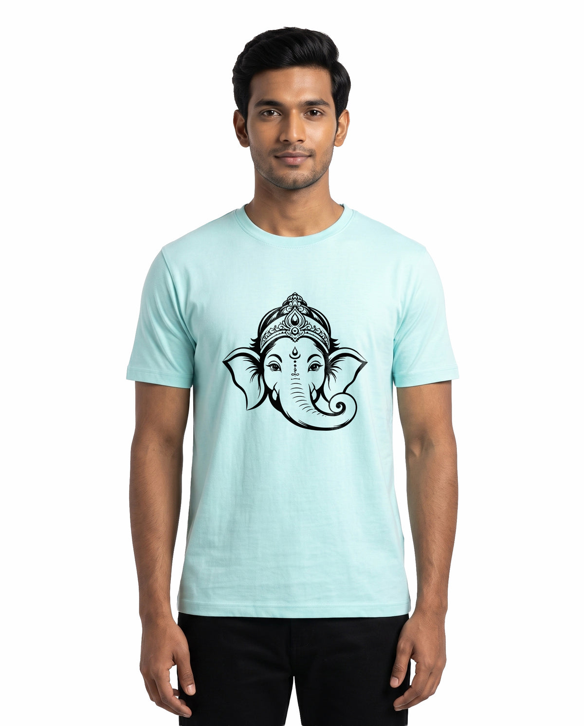 Front view of male model wearing GANESH – Devotional Men's Regular Fit T-Shirt in mint in a studio setting.
