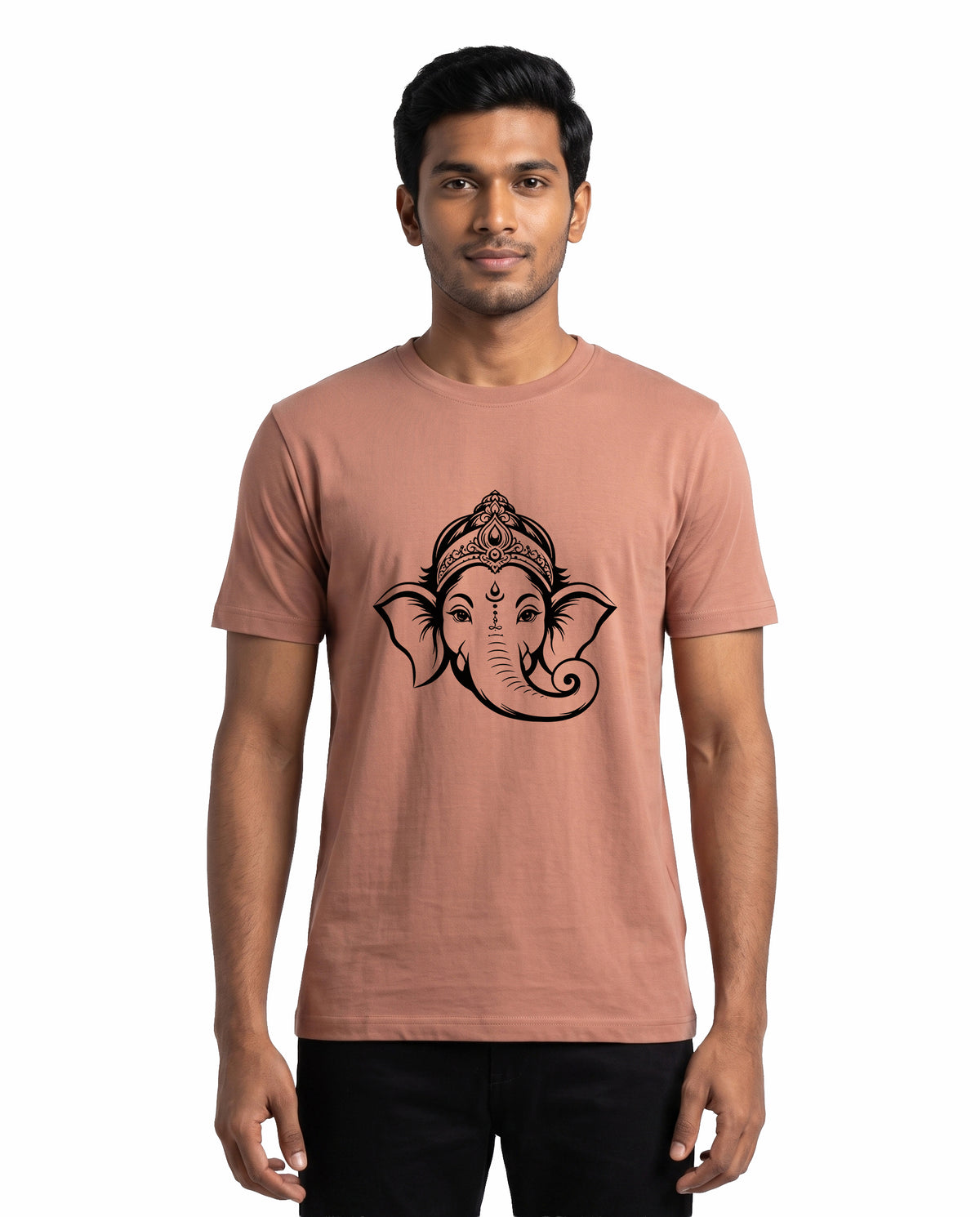 Front view of male model wearing GANESH – Devotional Men's Regular Fit T-Shirt in mushroom in a studio setting.