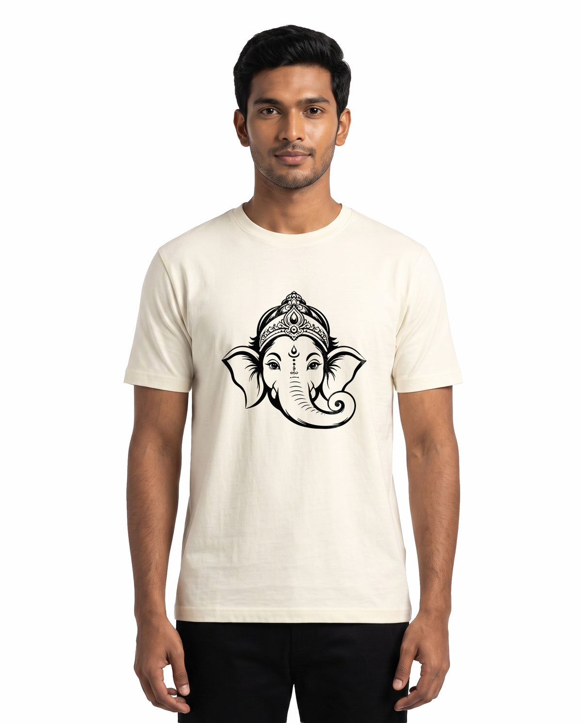 Front view of male model wearing GANESH – Devotional Men's Regular Fit T-Shirt in off-white in a studio setting.