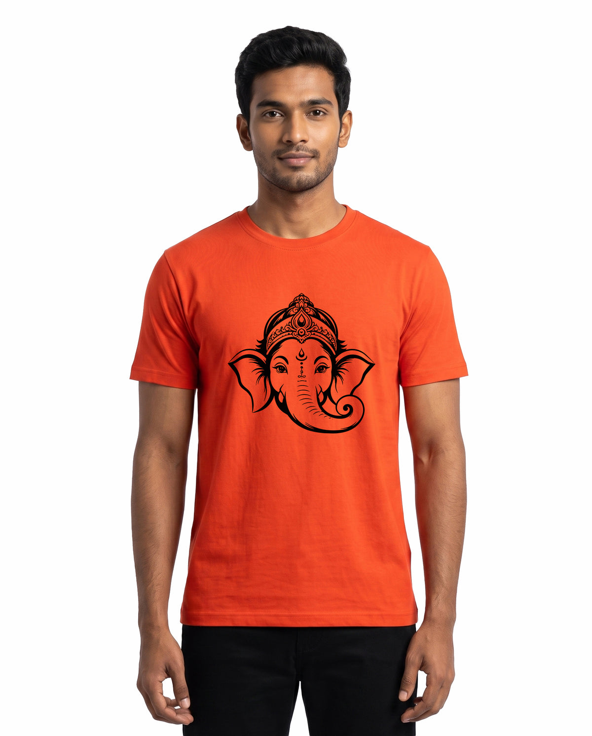 Front view of male model wearing GANESH – Devotional Men's Regular Fit T-Shirt in orange in a studio setting.