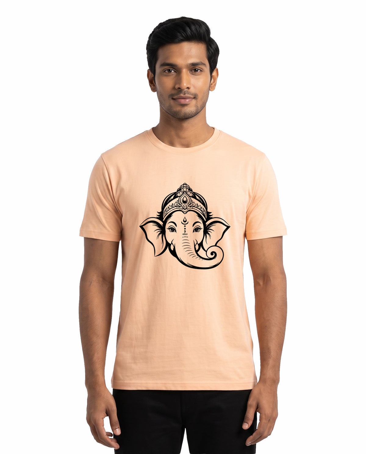 Front view of male model wearing GANESH – Devotional Men's Regular Fit T-Shirt in peach in a studio setting.