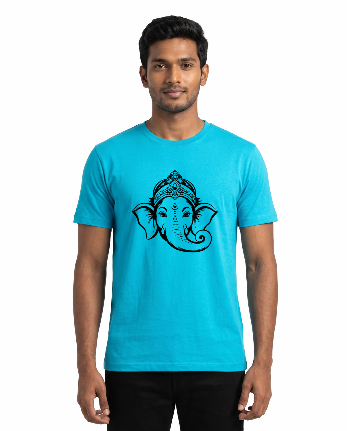 Front view of male model wearing GANESH – Devotional Men's Regular Fit T-Shirt in sky blue in a studio setting.