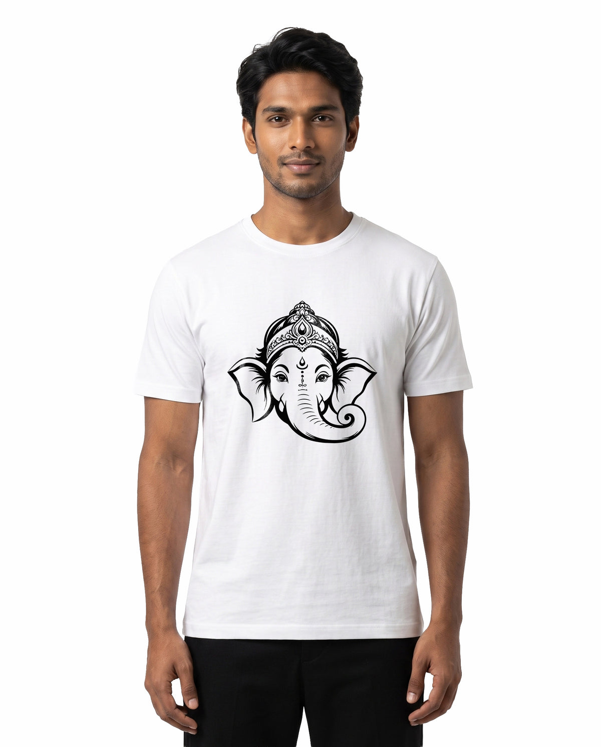 Front view of male model wearing GANESH – Devotional Men's Regular Fit T-Shirt in white in a studio setting.