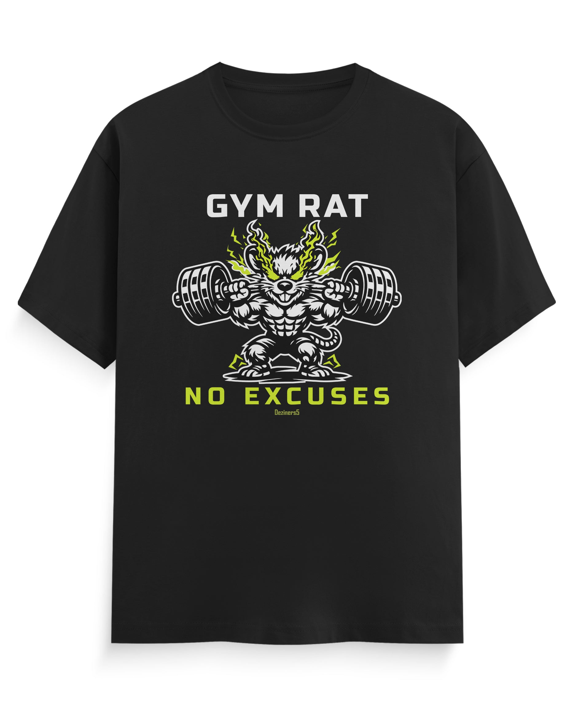 Product mockup of GYM RAT men's regular-fit t-shirt in black with Gym Rat No Excuses front print.