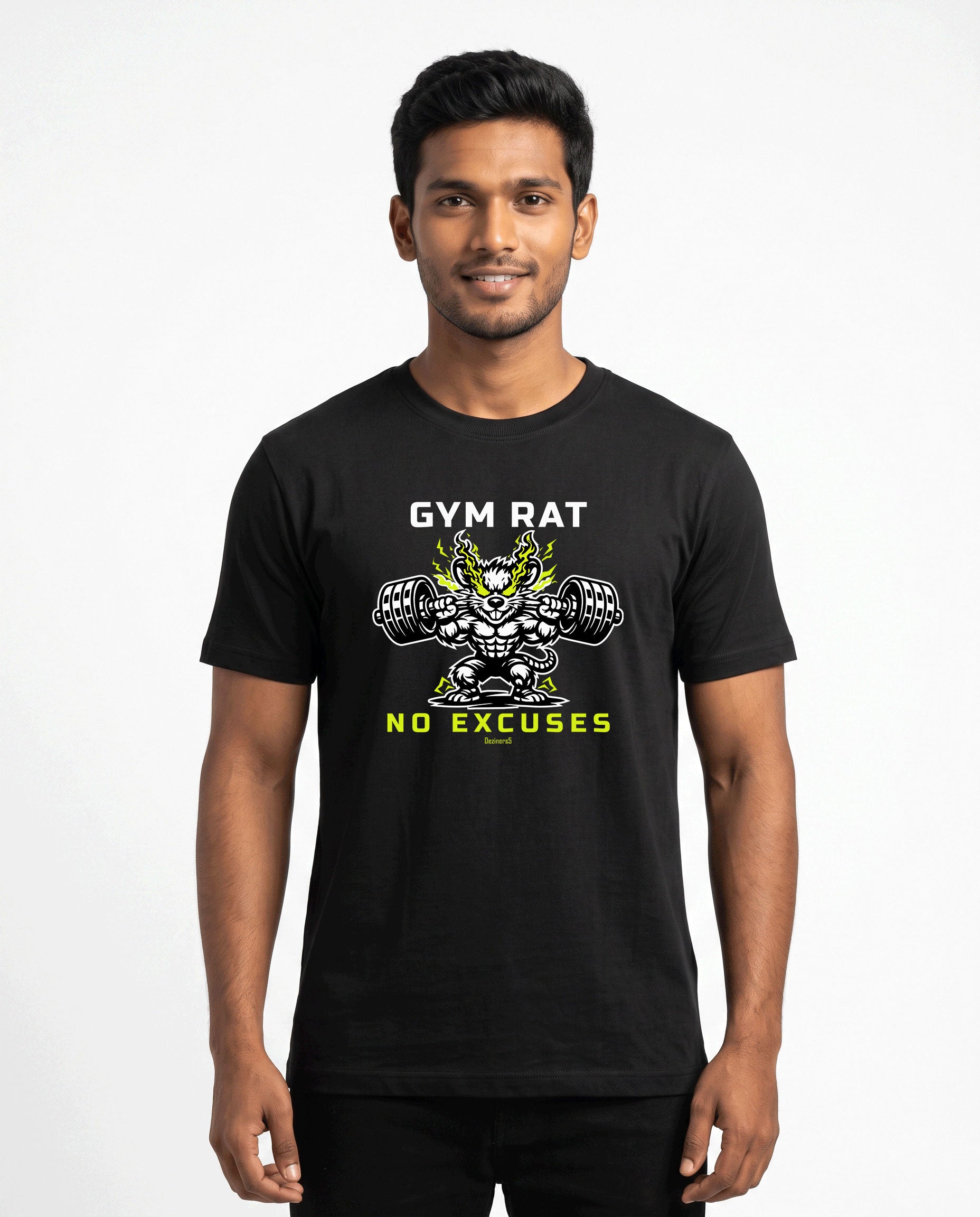 Male model wearing GYM RAT men's regular-fit t-shirt in black in a studio backdrop.