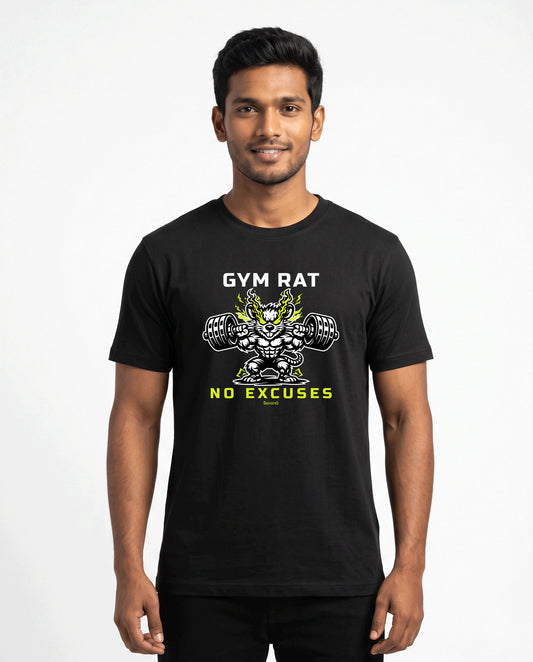 Male model wearing GYM RAT men's regular-fit t-shirt in black in a studio backdrop.