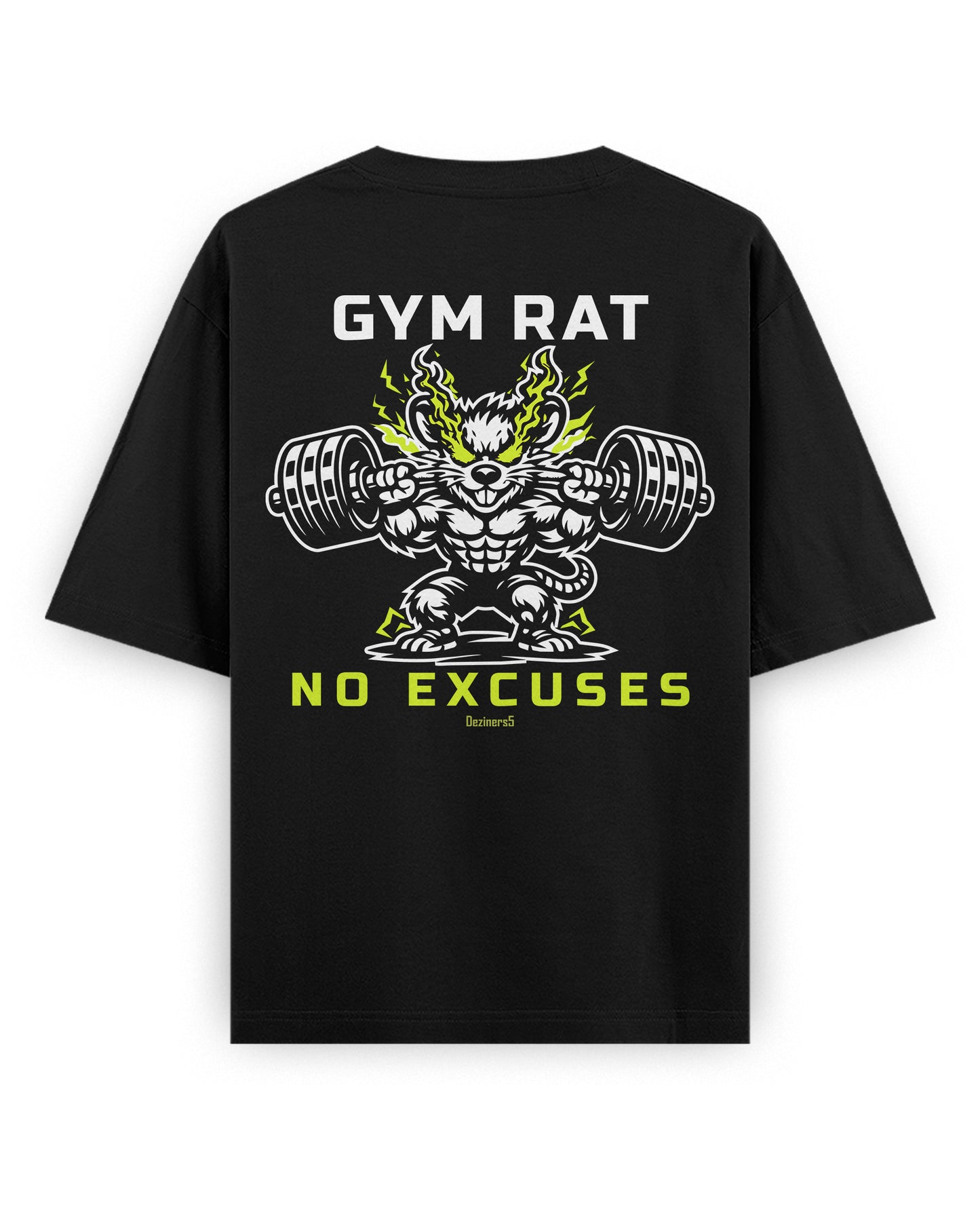 Product mockup of GYM RAT unisex oversized graphic t-shirt in black featuring a large Gym Rat No Excuses back graphic illustration for men and women.