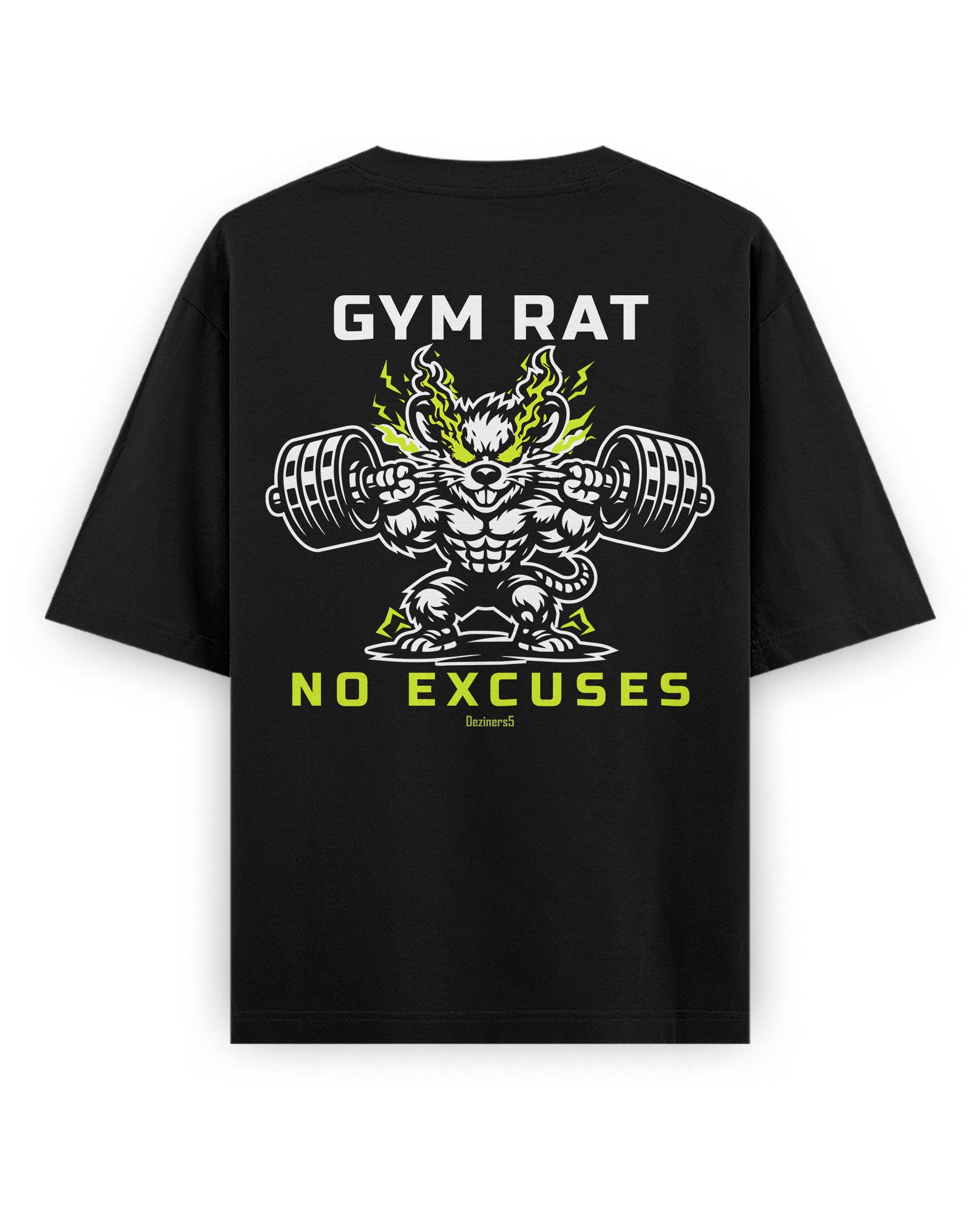 Product mockup of GYM RAT unisex oversized graphic t-shirt in black featuring a large Gym Rat No Excuses back graphic illustration for men and women.