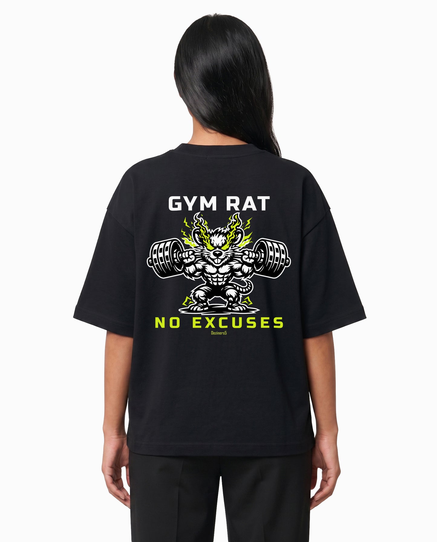 Female model wearing GYM RAT unisex oversized graphic t-shirt in black with Gym Rat No Excuses graphic illustration as a large back print.