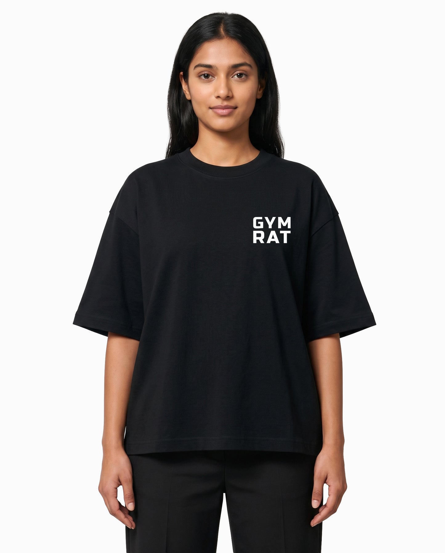 Female model wearing GYM RAT unisex oversized graphic t-shirt in black with Gym Rat logo as a pocket print.