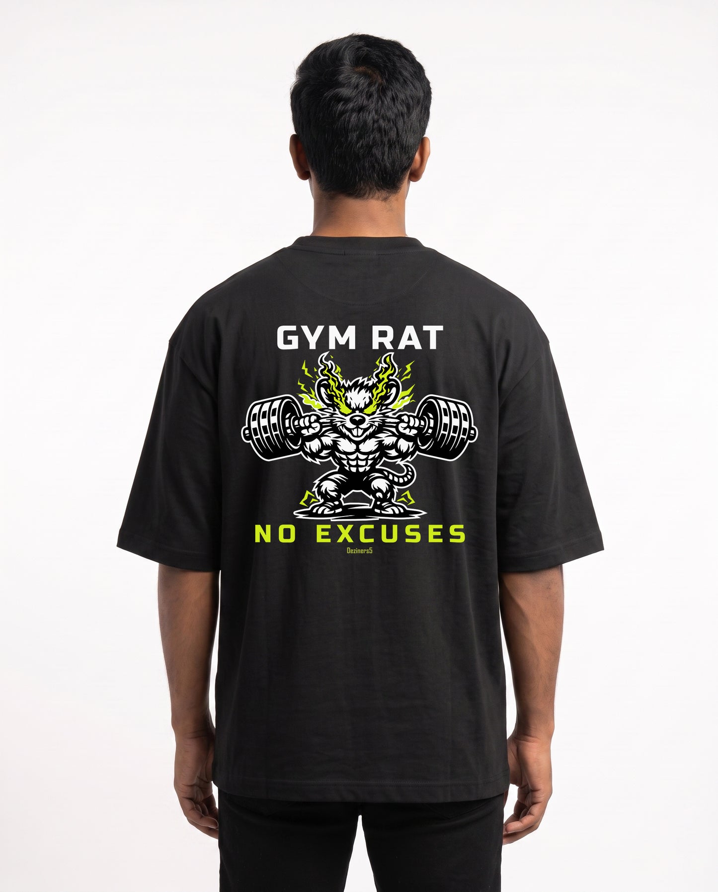 Male model wearing GYM RAT unisex oversized graphic t-shirt in black with Gym Rat No Excuses graphic illustration as a large back print.