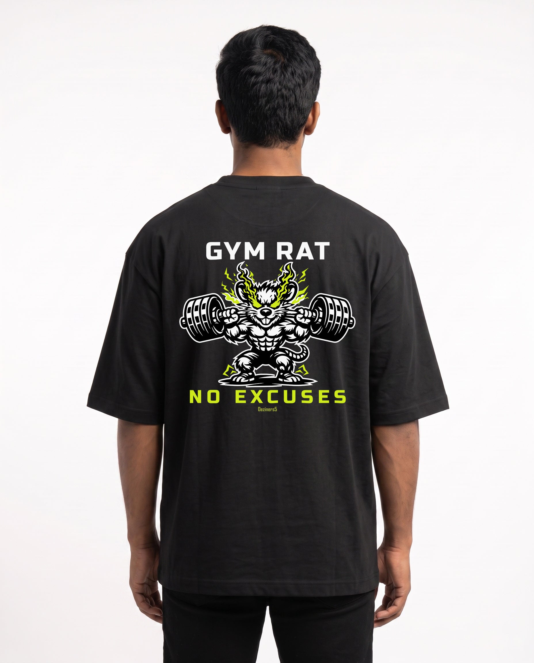 Male model wearing GYM RAT unisex oversized graphic t-shirt in black with Gym Rat No Excuses graphic illustration as a large back print.