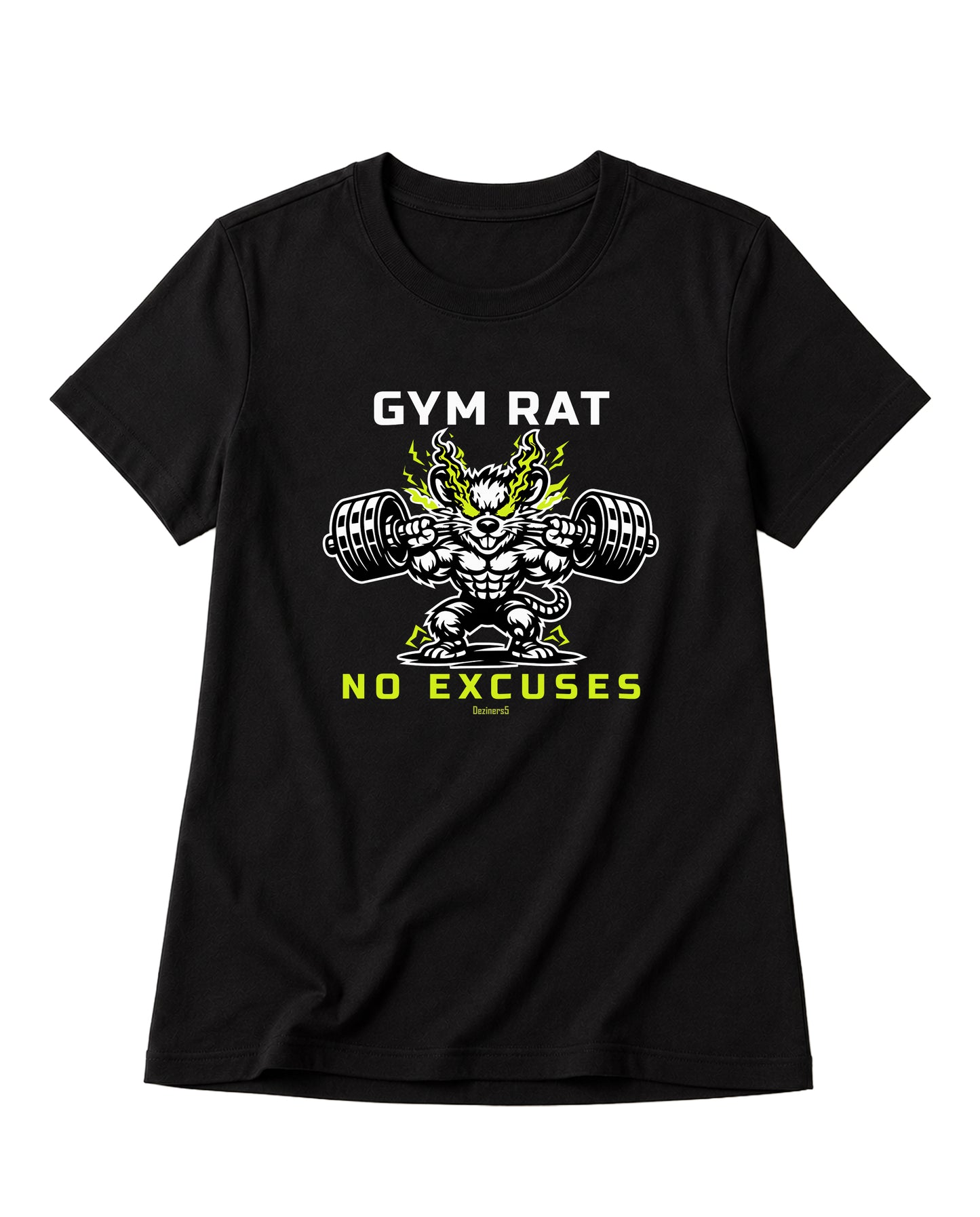 Product mockup of GYM RAT - women's regular-fit t-shirt in black with bold Gym Rat No Excuses graphic front print.