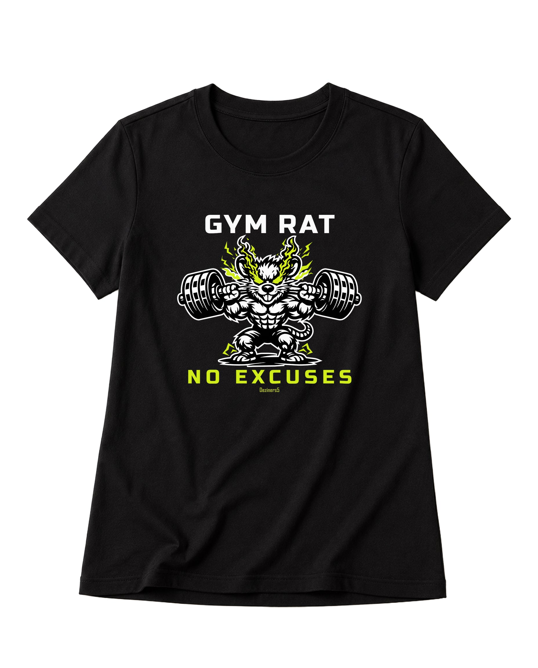 Product mockup of GYM RAT - women's regular-fit t-shirt in black with bold Gym Rat No Excuses graphic front print.