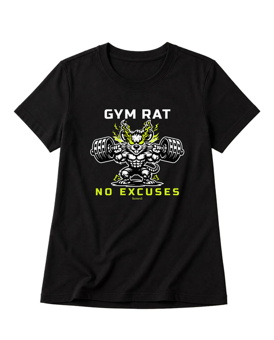 Product mockup of GYM RAT - women's regular-fit t-shirt in black with bold Gym Rat No Excuses graphic front print.