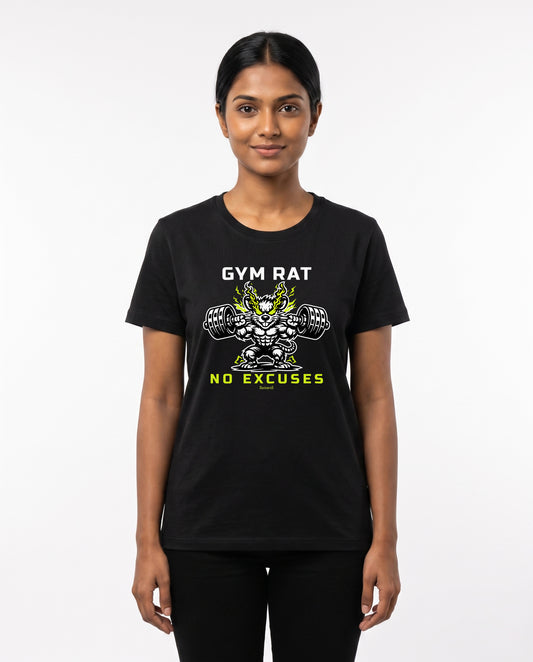 Female model wearing GYM RAT - women's regular-fit t-shirt in black with bold Gym Rat No Excuses graphic front print in a studio backdrop.