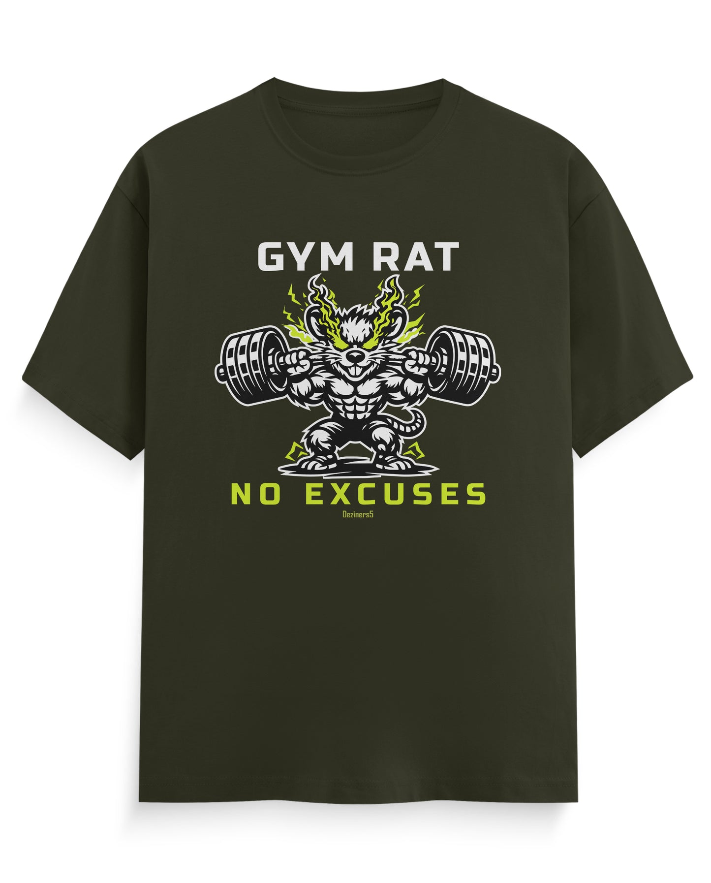 Product mockup of GYM RAT men's regular-fit t-shirt in olive green with Gym Rat No Excuses front print.