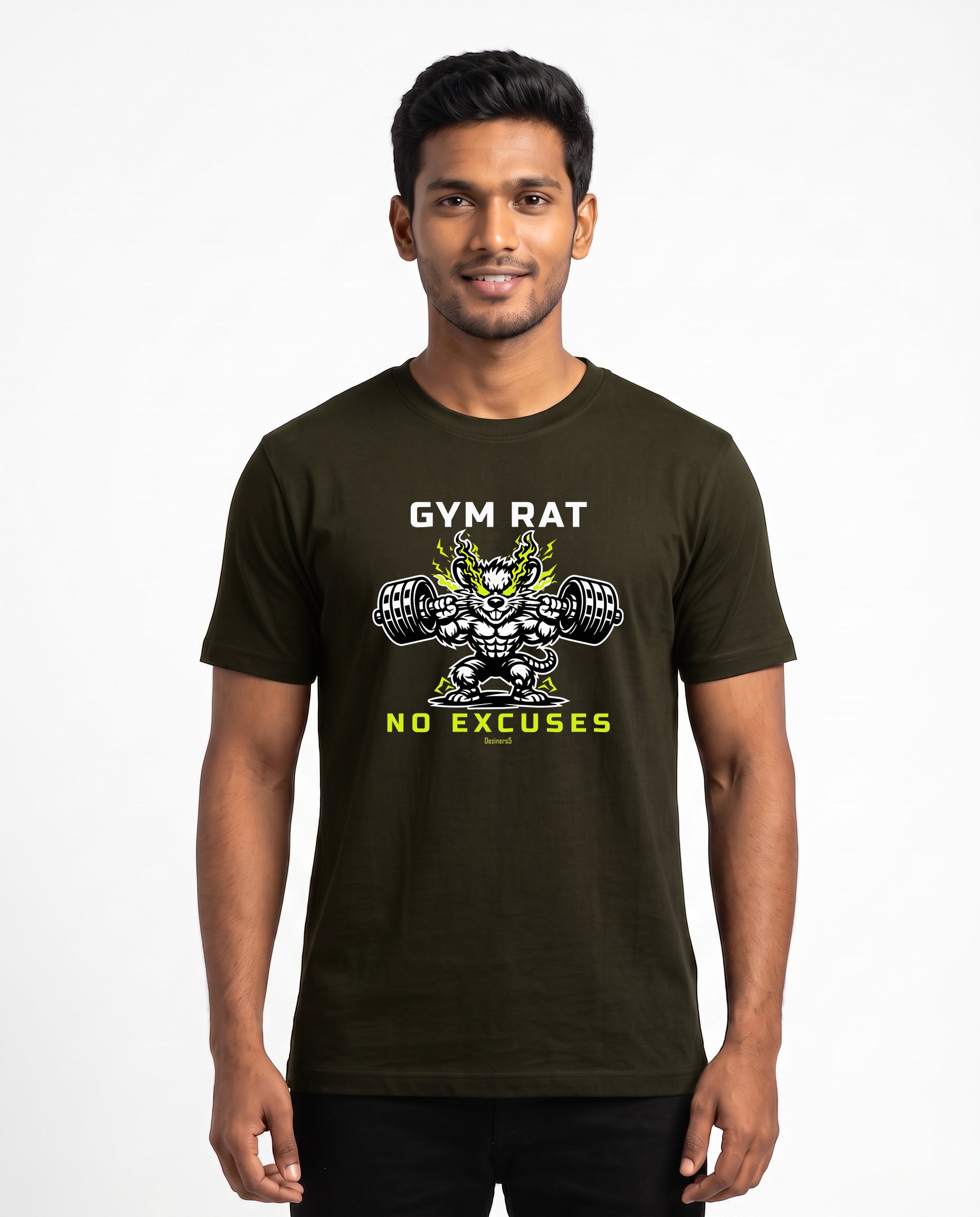 Male model wearing GYM RAT men's regular-fit t-shirt in olive green in a studio backdrop.
