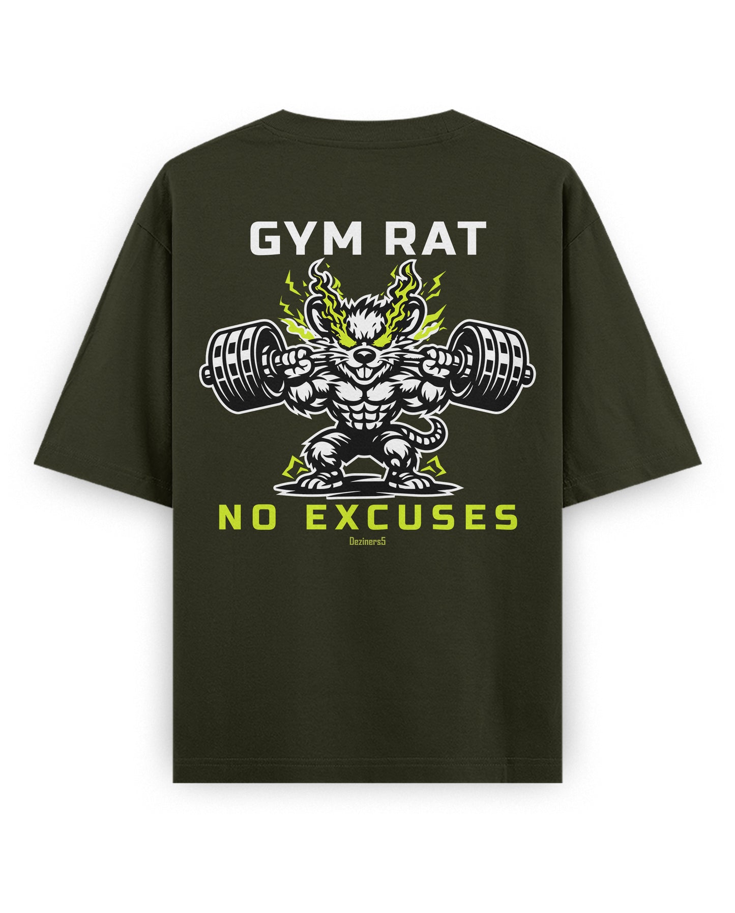 Product mockup of GYM RAT unisex oversized graphic t-shirt in olive green featuring a large Gym Rat No Excuses back graphic illustration for men and women.