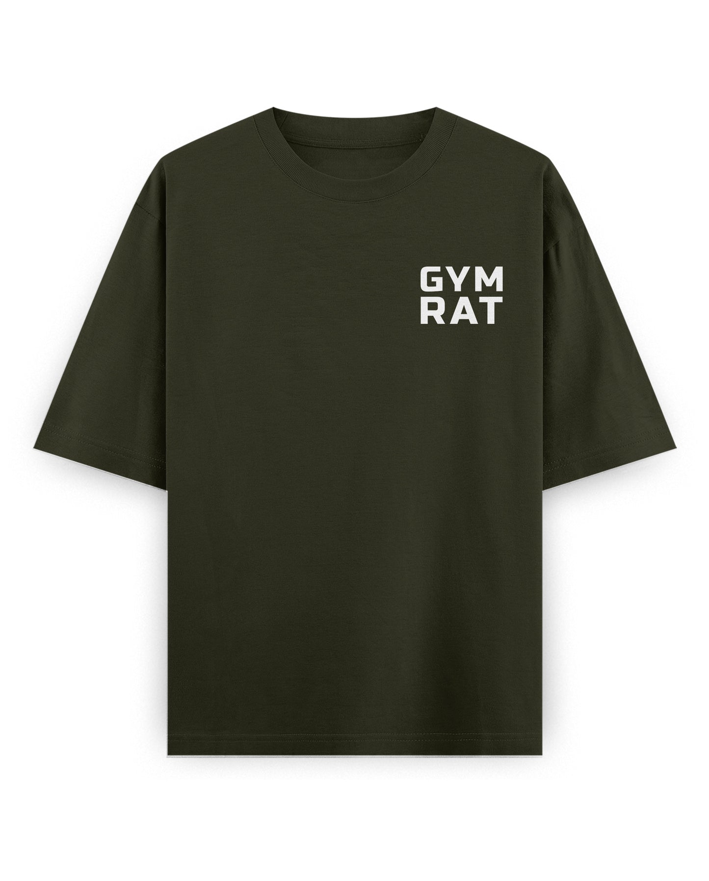Product mockup of GYM RAT unisex oversized graphic t-shirt in olive green with Gym Rat chest logo for men and women.