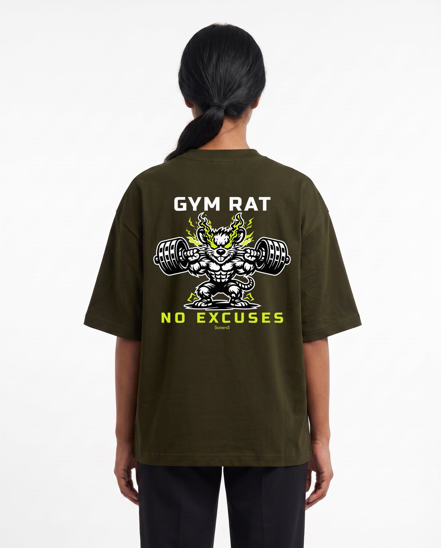 Female model wearing GYM RAT unisex oversized graphic t-shirt in olive green with Gym Rat No Excuses graphic illustration as a large back print.