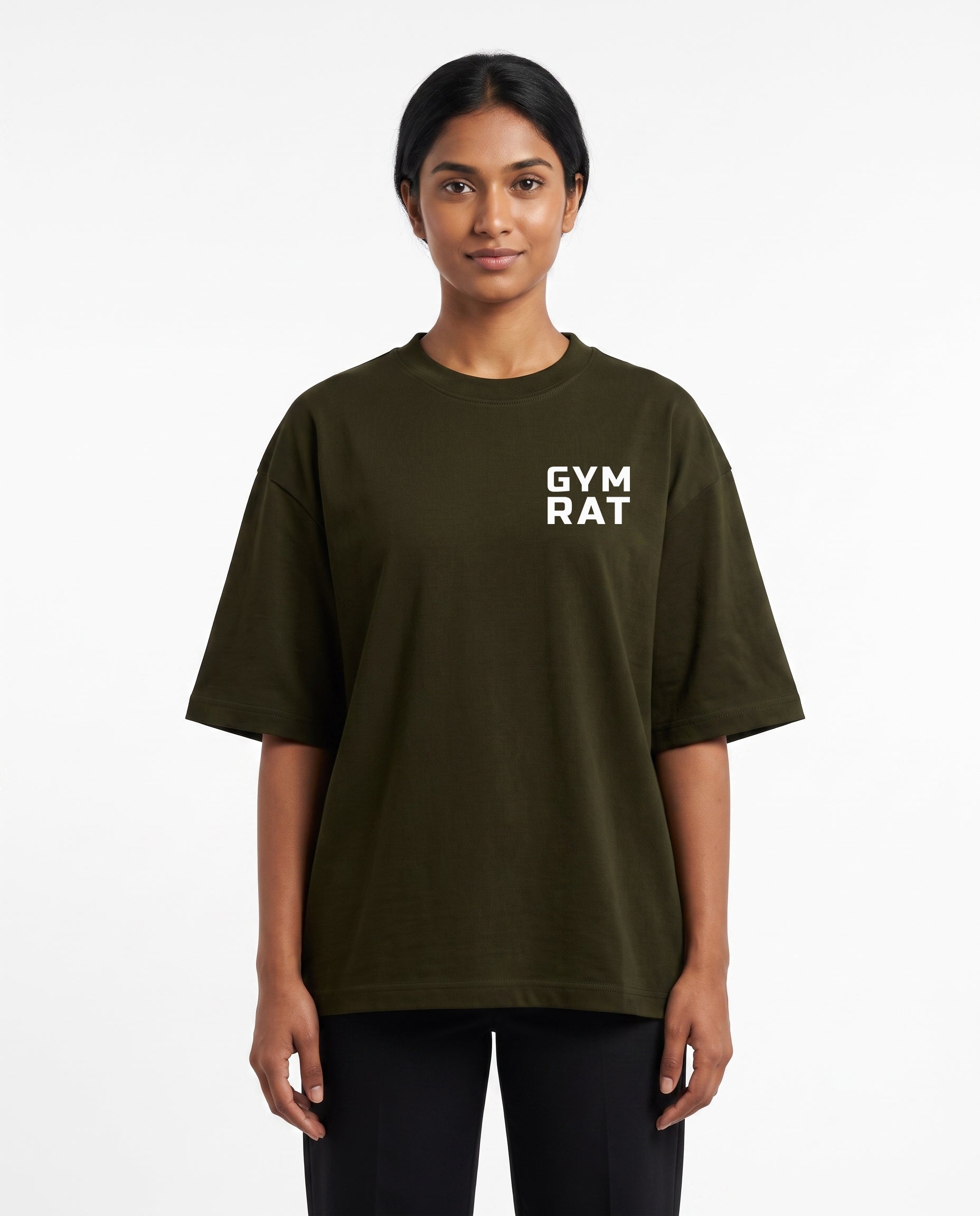 Female model wearing GYM RAT unisex oversized graphic t-shirt in olive green with Gym Rat logo as a pocket print.