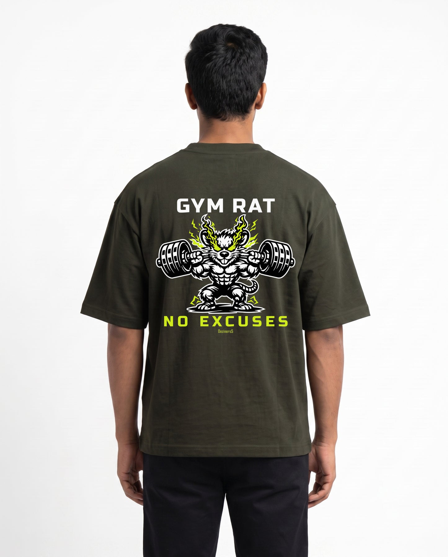 Male model wearing GYM RAT unisex oversized graphic t-shirt in olive green with Gym Rat No Excuses graphic illustration as a large back print.