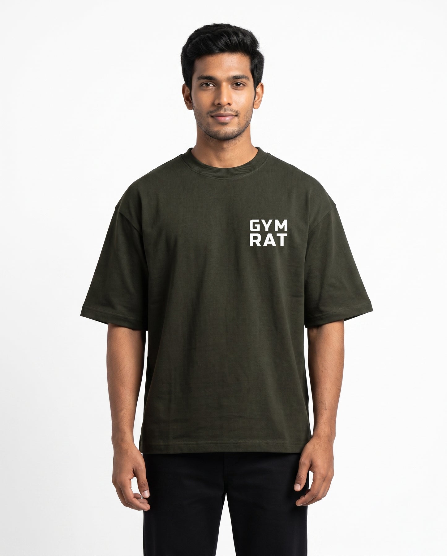 Male model wearing GYM RAT unisex oversized graphic t-shirt in olive green with Gym Rat logo as a pocket print.