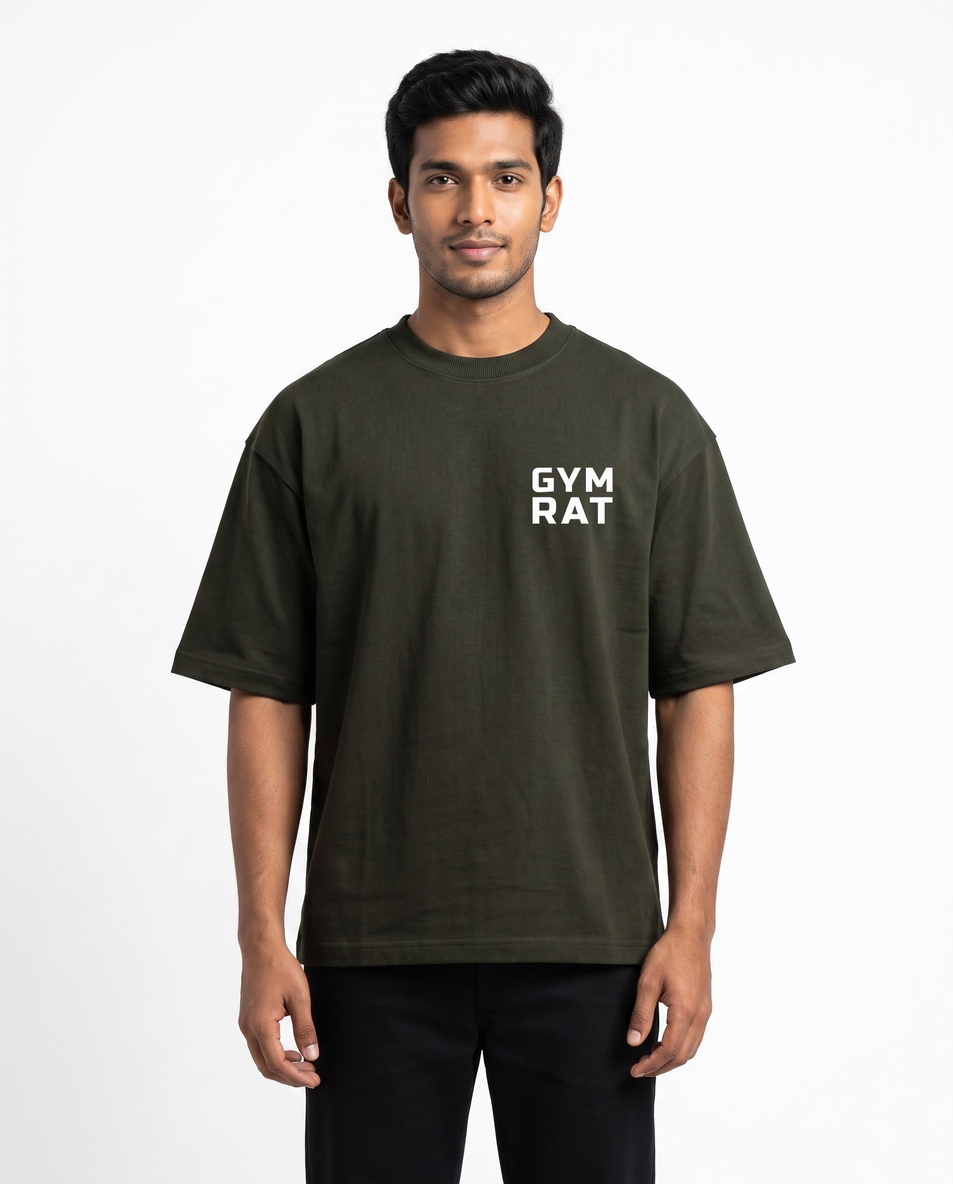 Male model wearing GYM RAT unisex oversized graphic t-shirt in olive green with Gym Rat logo as a pocket print.
