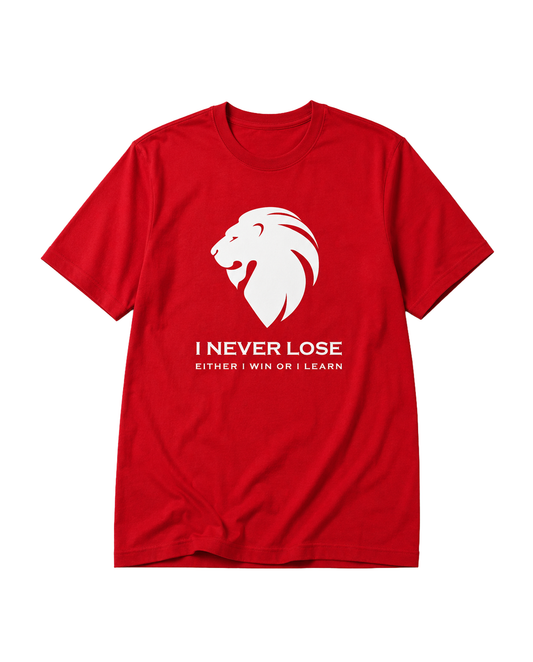 I NEVER LOSE men's regular-fit t-shirt in red featuring a motivational typography design promoting a winner mindset and growth mentality.