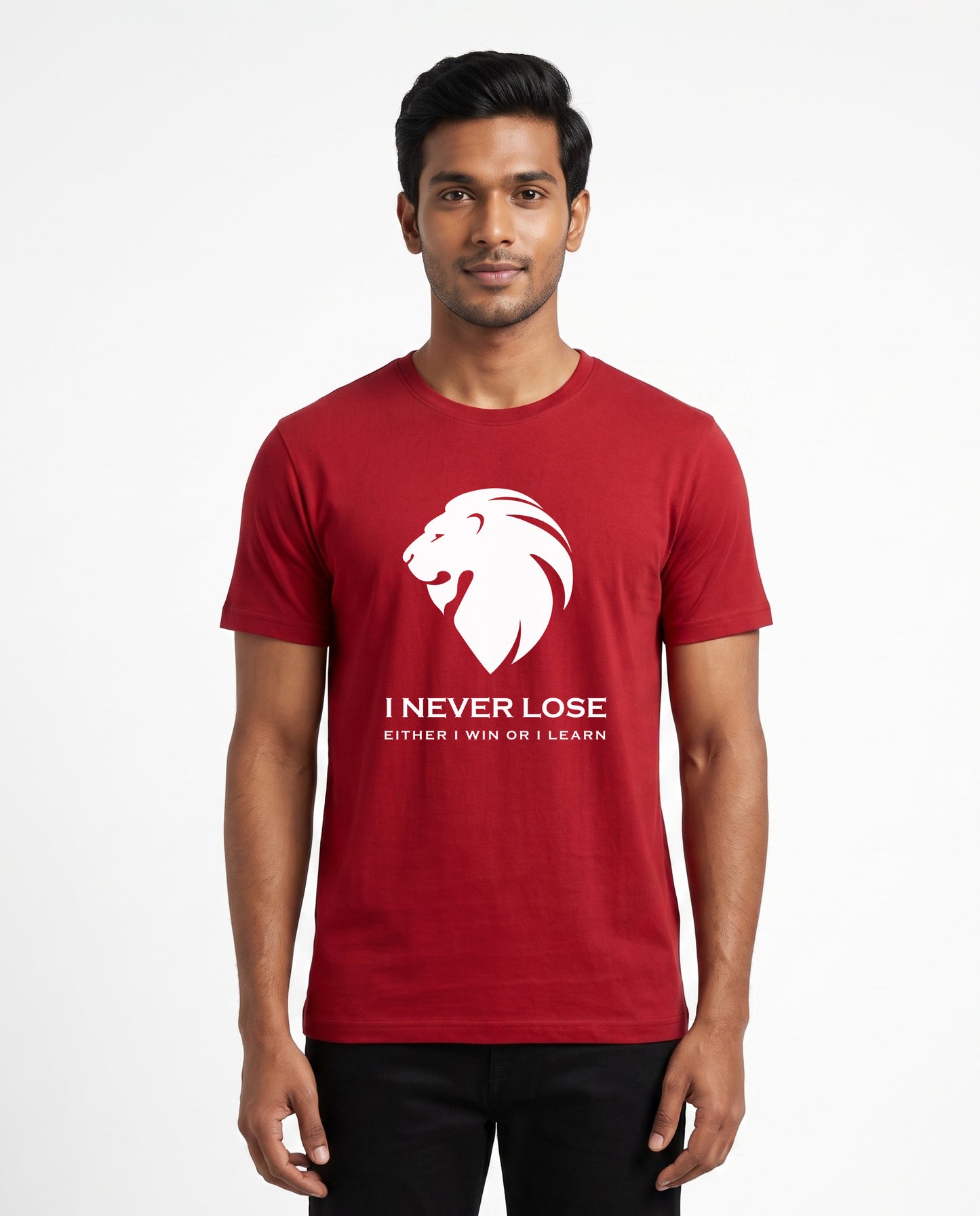 Male model wearing I NEVER LOSE men's regular-fit t-shirt in red in a studio setting.