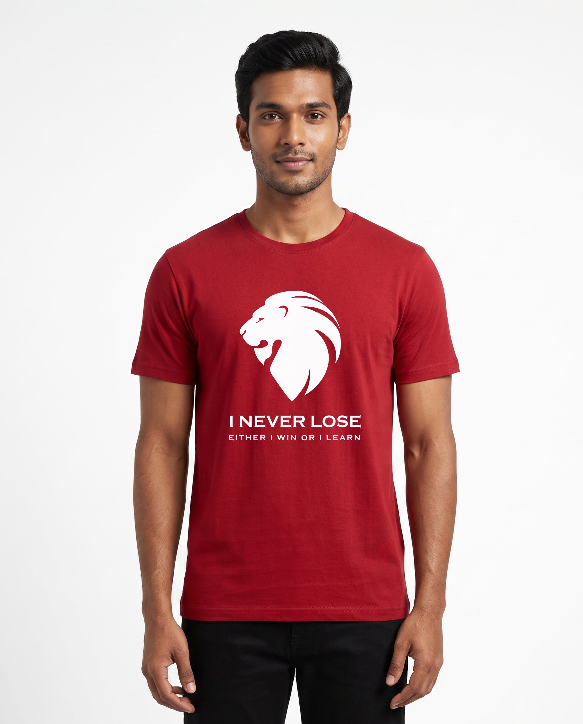 Male model wearing I NEVER LOSE men's regular-fit t-shirt in red in a studio setting.