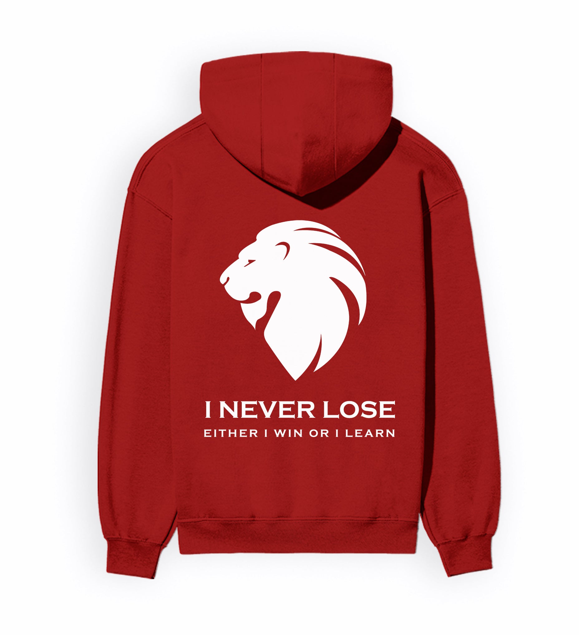 Back view of I NEVER LOSE - Unisex Regular Fit Hoodie in red.